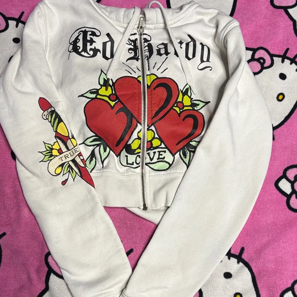 Cropped Ed Hardy White Jacket with Red Heart and Skull Back - Picture 1 of 3